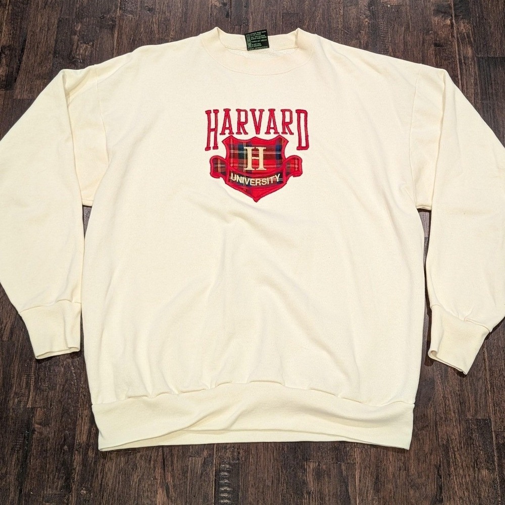 Vintage TSi Harvard University Crest Sweatshirt XL Fits‎ L Cream USA Embroidered